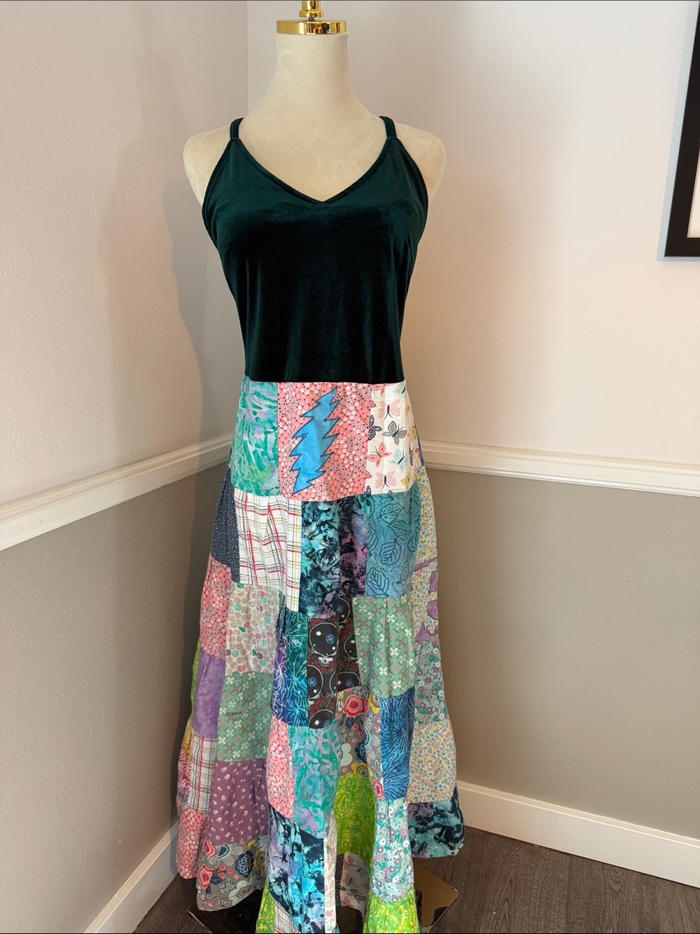 Patchwork Boho Maxi Skirt - w beautiful emerald green velvet top. Grateful Dead.